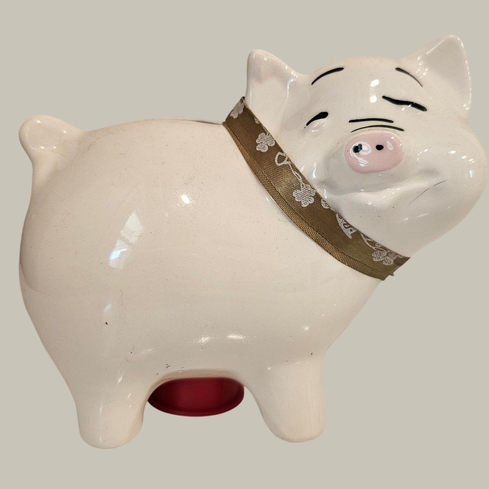 Vintage Ceramic Piggy Bank Winking Pig Off White Floral Ribbon Coin Bank
